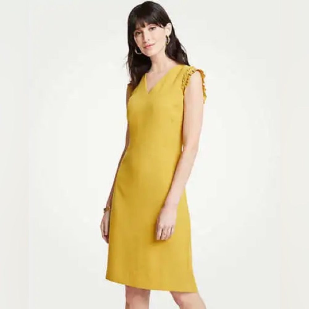 New Ann Taylor Mustard Yellow V-neck Ruffled Sleeve Lined Sheath Dress size 4